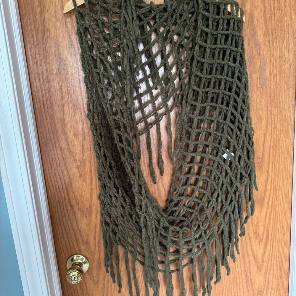 Chic Olive Green Crochet Scarf with Fringe